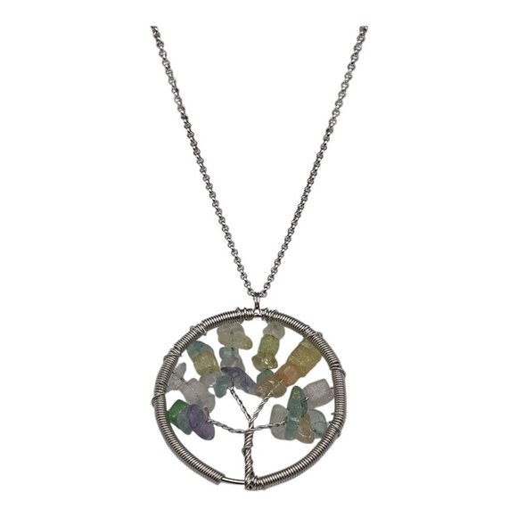 Tree Of Life Necklace With Natural Gemstones Rainbow Chain Circle Pendant - Picture 1 of 10
